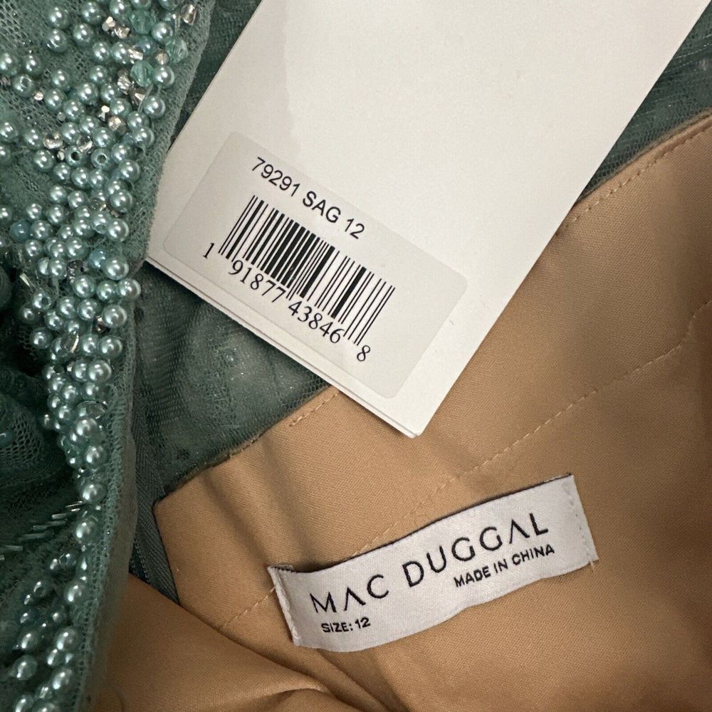 NWT Mac Duggal [ 12 ] 79291 Beaded Lace Long Sleeve Plunge Neck Gown Sage‎ green - Picture 6 of 15